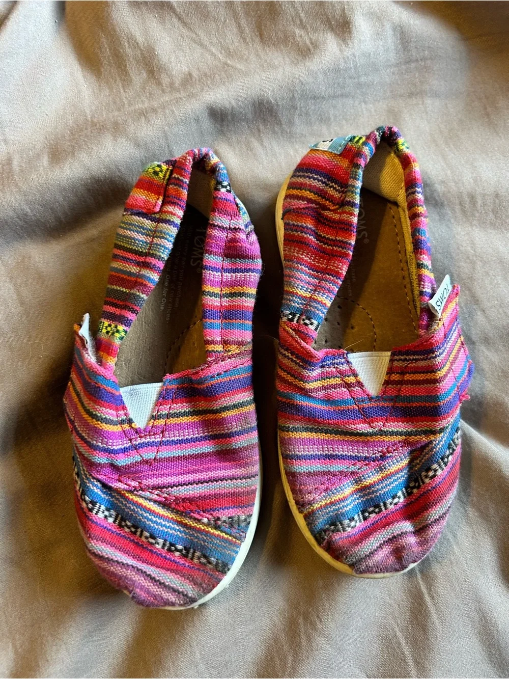 TOMS Pink Multi-Striped Canvas Slip-On Velcro Shoes Size T 7